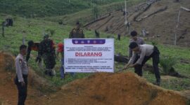 Pemasangan plang agar tidak menggarap hutan di Jorong Pigogah Air Bangis, Kecamatan Sungai Beremas, Selasa (15/8/2023). (Diskominfo Pasbar)
