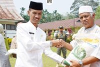 Wakil Bupati Solok Selatan H. Yulian Efi menyerahkan secara simbolis bantuan beras. (Humas Pemkab Solsel)