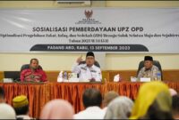 Kegiatan sosialisasi pengelolaan ZIS dan bimtek pelaporan UPZ OPD di Aula Hotel Pesona Alam Sangir, Padang Aro, Solsel, (13/9/2023). (Humas Pemkab Solsel)