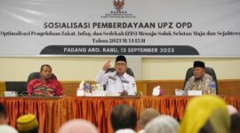 Kegiatan sosialisasi pengelolaan ZIS dan bimtek pelaporan UPZ OPD di Aula Hotel Pesona Alam Sangir, Padang Aro, Solsel, (13/9/2023). (Humas Pemkab Solsel)