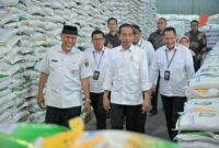 Presiden RI Joko Widodo (Jokowi) didampingi Gubernur Sumbar Mahyeldi meninjau stok beras di Gudang Bulog Sumbar, Kota Padang, Rabu (25/10/2023). (adpsb)