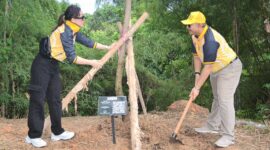 Pj Wali Kota Padang Andree Algamar menanam bibit pohon alpukat di Kebun APEKSI Balikpapan di areal Kawasan Olahraga Terpadu (KOT) Gedung Kesenian Balikpapan, Rabu (5/6/2024). (Foto: Prokopim Padang)