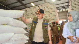 Pj Wali Kota Padang, Andree Algamar meninjau stok beras di Gudang Bulog Baru Rawang Timur, Kecamatan Padang Selatan, Selasa (30/7/2024). (Foto: Prokopim Padang)