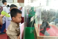 Para pengunjung menyaksikan benda artefak di Gedung Bagindo Aziz Chan Balaikota Padang, Rabu (7/8/2024). 