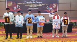 Para pasangan calon Wali Kota dan Wakil Wali Kota Padang memperlihatkan nomor urut mereka.