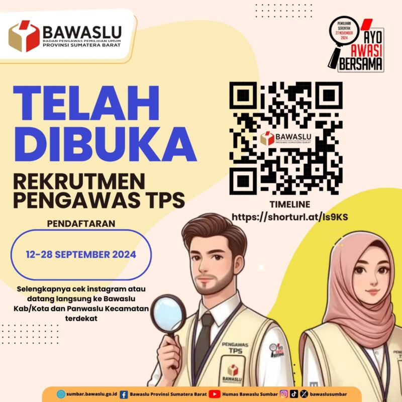 Bawaslu Sumbar membuka pendaftaran untuk Pengawas TPS Pilkada serentak 2024.