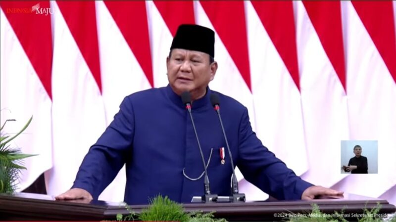 Presiden Prabowo Subianto menyampaikan pidato kenegaraan perdananya sebagai Presiden RI ke-8 usai dilantik. (Foto: Tangkapan layer YouTube Sekretariat Presiden)