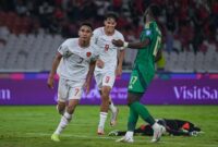 Selebrasi Marselino Ferdinan setelah mencetak gol kedua ke gawang Arab Saudi pada laga Kualifikasi Piala Dunia 2026 di Stadion Utama Gelora Bung Karno, Jakarta, Selasa (19/11/2024). (Foto: Kompas.com/Adil Nursalam)