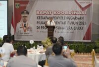 Plt Gubernur Sumbar Audy Joinaldy
membuka Rakor Kesiapan Penyelenggaraan Pilkada Serentak Tahun 2024. (Foto: ADPSB)