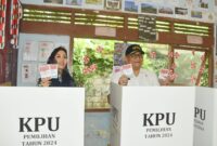 Pj Wali Kota Padang Andree Algamar dan istri menyalurkan hak suara di TPS 1 SDN 26 Rimbo Kaluang Kecamatan Padang Barat, Rabu (27/11/2024). (Foto: Prokopim Padang)