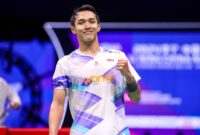 Jonatan Christie melaju ke babak final China Masters 2024 usai mengalahkan Shi Yu Qi di Shenzhen Gymnasium, Shenzhen, Sabtu (23/11/2024). (Foto: PBSI)