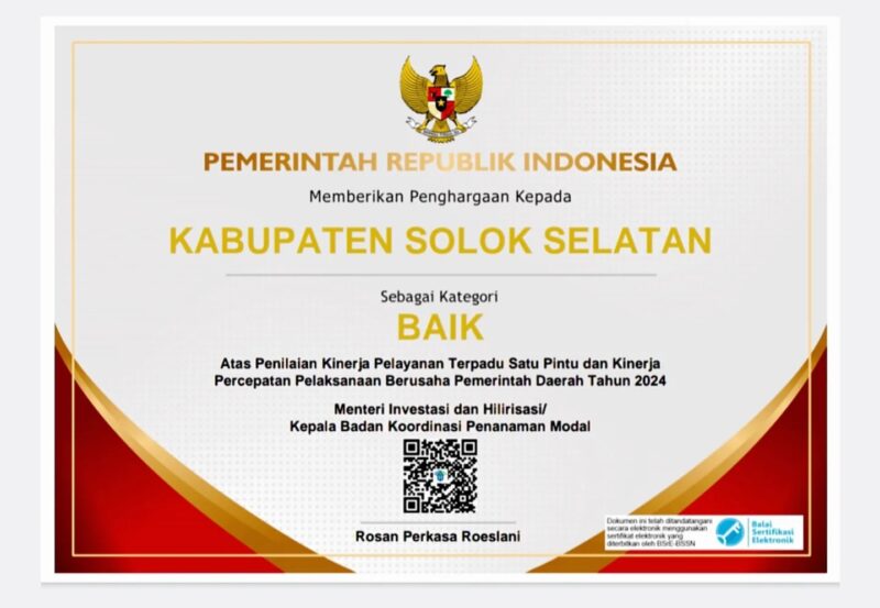 DPMPTSP Solsel meraih predikat “BAIK” pada penilaian kinerja PTSP dan PPB Tahun 2024. (Foto: Humas Pemkab Solsel)