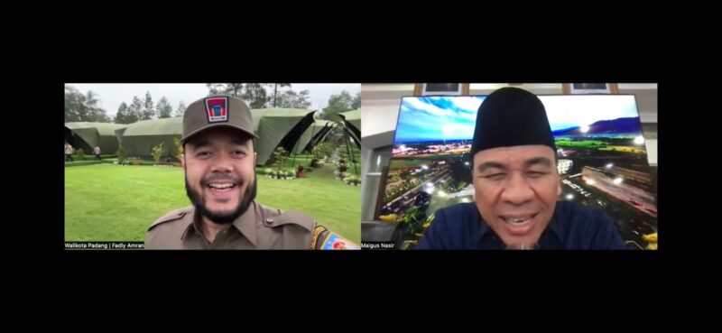 Wali Kota Padang Fadly Amran melakukan zoom meeting dengan Wakil Wali Kota Padang Maigus Nasir untuk memantau perkembangan di Kota Padang, Sabtu (22/2/2025). (Foto: Prokopim Padang)