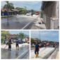 Petugas Damkar Padang melakukan penyiraman material yang berceceran di Jalan Indarung, kemarin. (Foto: Prokopim Padang)
