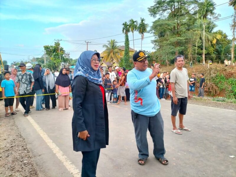 Wakil Bupati Dharmasraya, Leli Arni, meninjau kondisi jalan lintas Sumatera yang putus akibat banjir dan longsor di wilayah Kecamatan Jujuhan, Kabupaten Bungo, Jambi, Minggu (2/3/2025). (Foto: Pemkab Dharmasraya)