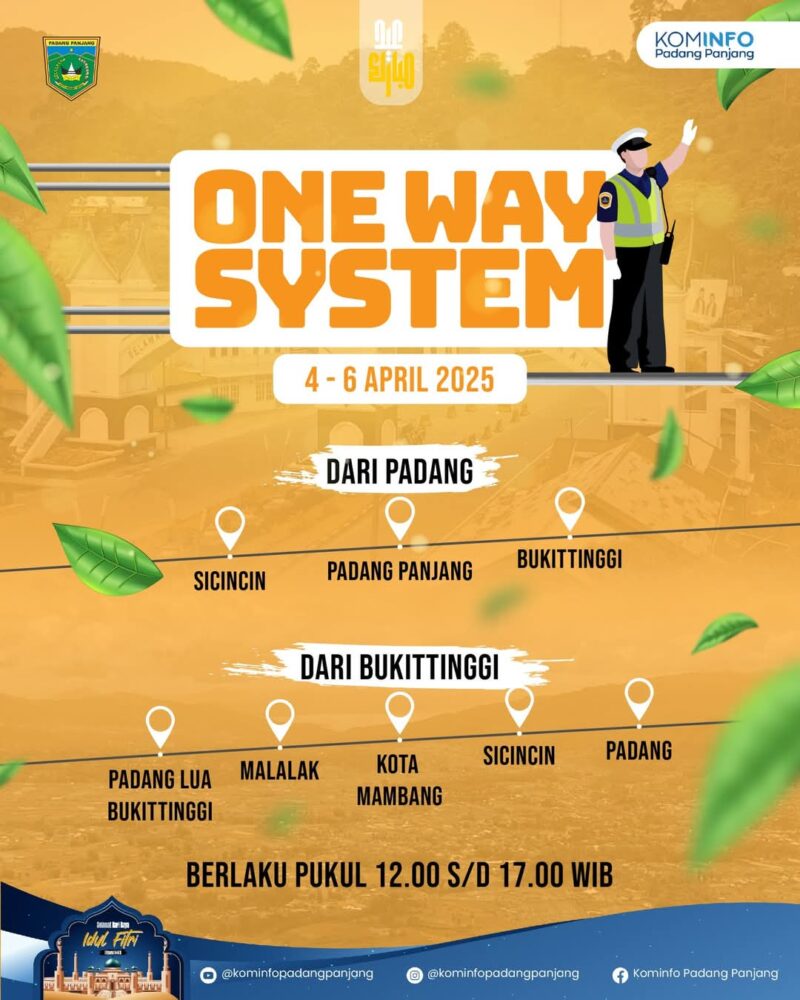 Pemerintah kembali memberlakukan sistem one way (satu arah) di jalur Padang–Bukittinggi dan sebaliknya pada 4-6 April 2025, pukul 12.00–17.00 WIB. (Foto: Diskominfo Padang Panjang)
