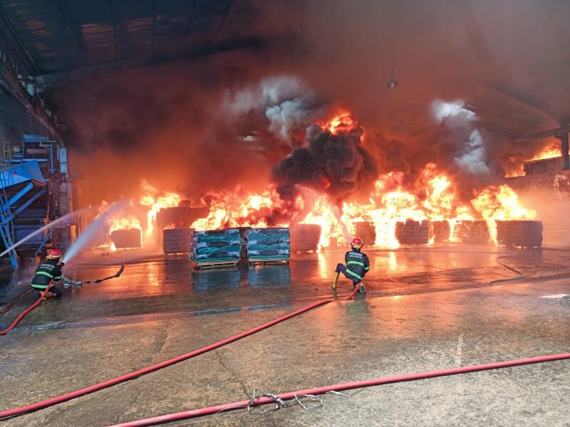 Kebakaran hebat di pabrik karet PT Teluk Luas pada Minggu (18/5/2025) siang. (Foto: Ist)