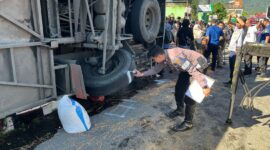 Bus ALS terguling di Jalan Prof Hamka, Bukit Surungan, Kecamatan Padang Panjang Barat, Kota Padang Panjang, sekitar pukul 08.15 WIB, Selasa (6/5/2025). (Satlantas Polres Padang Panjang)