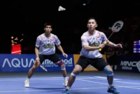 Ganda putra Indonesia Sabar/Reza takluk oleh pasangan Korea Selatan Kim Won Ho/Seo Seung Jae di Final Indonesia Open 2025 yang berlangsung di Istora Gelora Bung Karno, Senayan, Jakarta, Minggu (8/6/2025). (Foto: IG @badminton.ina)