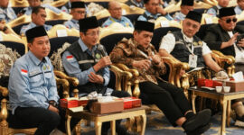 Menag Nasaruddin Umar didampingi Wamenag Romo H. R. Muhammad Syafi’i, Dirjen PHU Hilman Latief, Kepala BPH Irfan Yusuf dan Wakil Kelapa BPH Dahnil Anzar Simanjuntak. (Foto: Andi Ardiansyah Asdar/Kemenag)