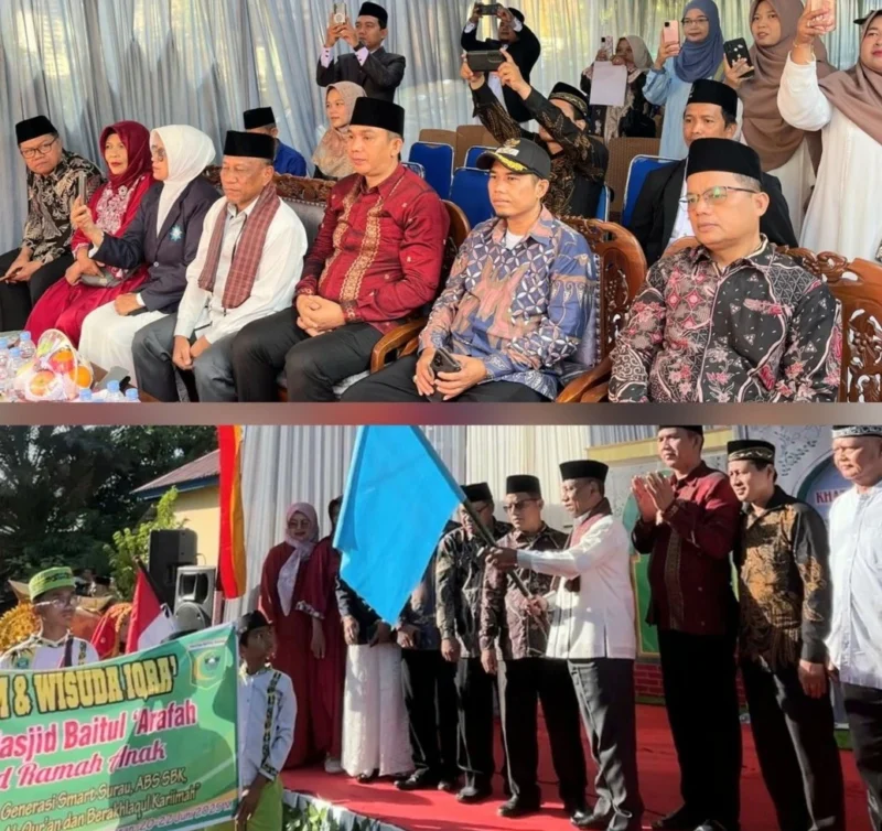 Camat Lubeg, Nofiandi Amir menghadiri perayaan khatam Al-Qur’an dan wisuda Iqra' Masjid Baitul 'Arafah, Kelurahan Banuaran Nan XX, Kecamatan Lubeg. (Foto: Ist)