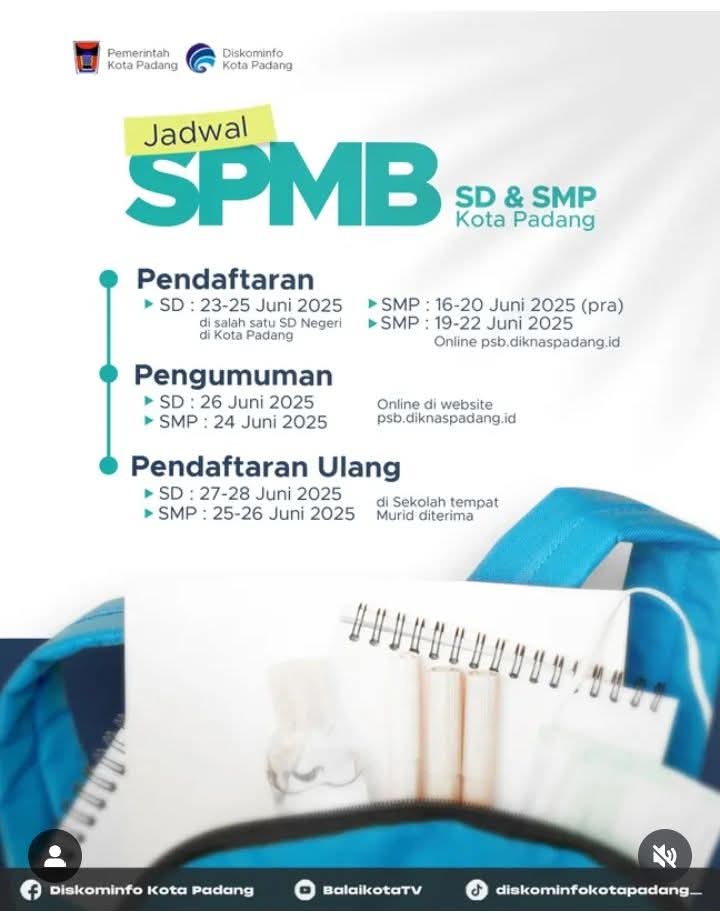 Sistem Penerimaan Murid Baru (SPMB) Kota Padang 2025 dimulai Senin, 16 Juni 2025. (Foto: FB Diskominfo Padang)