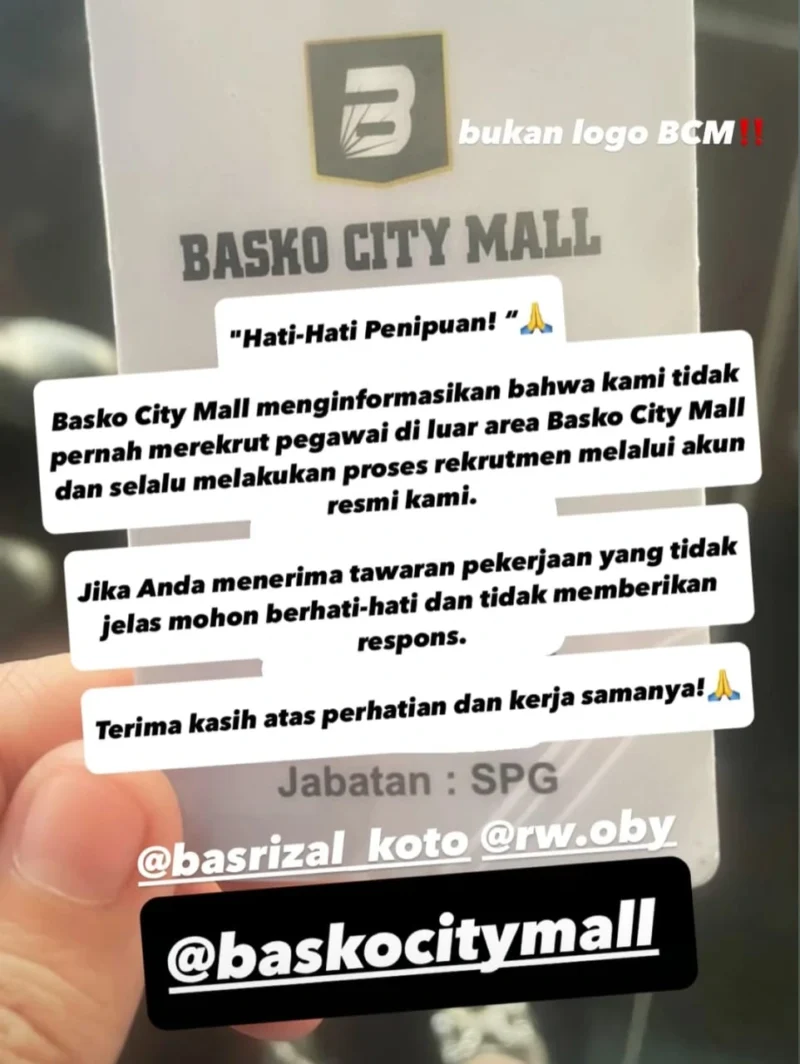 Manajemen Basko City Mall klarifikasi tidak pernah menggunakan pihak ketiga dan tak memungut biaya dalam proses rekrutmen. (Foto: Tangkapan layar Instagram @baskocitymall)