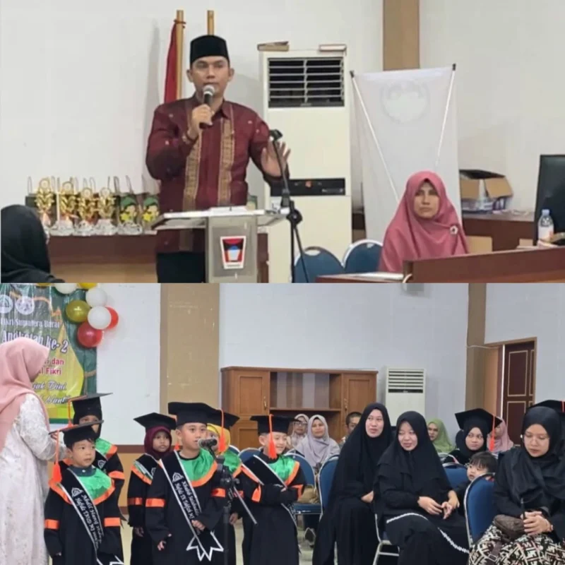 Camat Lubeg Nofiandi Amir menghadiri Wisuda Hafiz Angkatan ke-2 Rumah Tahfiz Mumtazul Fikri di Aula Kantor Camat Lubeg, Minggu (22/6/2025). (Foto: Ist)