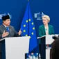 Presiden Prabowo Subianto dan Presiden Von der Leyen dalam pernyataan pers bersama di Ruang Media, Kantor Pusat Uni Eropa, Gedung Berlaymont, Brussel, Belgia, pada Minggu (13/7/2025). (Foto: BPMI Setpres)