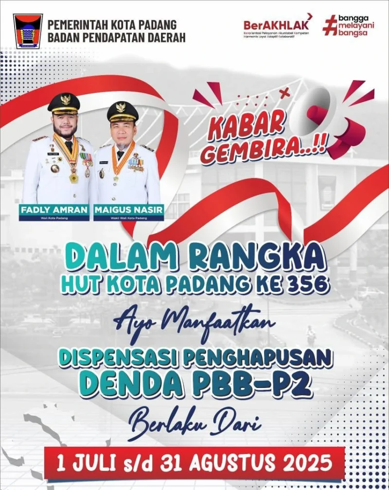 Pemko Padang menghapuskan denda PBB-P2 mulai 1 Juli hingga 31 Agustus 2025. (Foto: FB Diskominfo Padang)