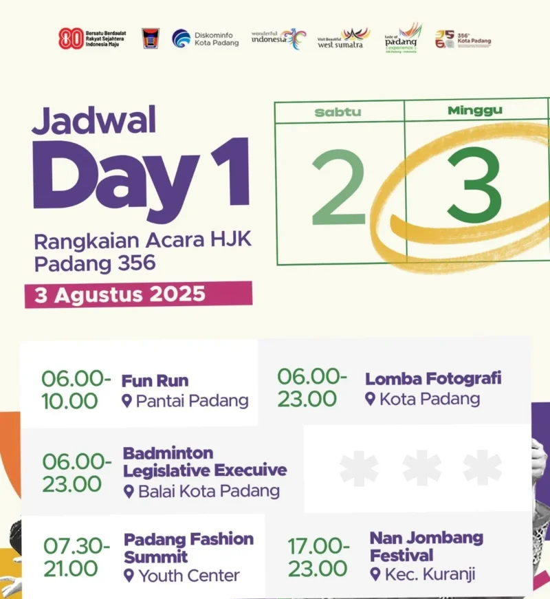 Hari pertama HJK Padang ke-356 dimulai dengan Fun Run, Padang Fashion Summit, Badminton Eksekutif-Legislatif dan Festival Nan Jombang pada Minggu (3/8/2025). (Foto: Diskominfo Padang)
