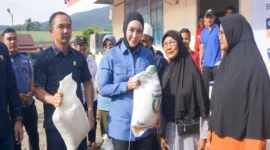 Anggota Komisi IV DPR RI, Cindy Monica Salsabila Setiawan menyalurkan bantuan beras kepada KPM di Kecamatan Talamau, Rabu (20/8). (Foto: Diskominfo Pasbar)