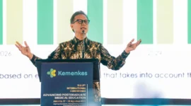 Menkes Budi Gunadi Sadikin saat membuka The 2nd International Conference on Advancing PGME 2025 di Hotel Raffles Jakarta, Rabu (27/8). (Foto: Kemenkes)