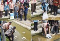 Wali Kota Pariaman, Yota Balad bersama Anggota DPR RI Komisi IV, Cindy Monica Salsabila Setiawan menebarkan 20 ribu benih ikan mas dan ikan nila di dua lokasi di Kecamatan Pariaman Tengah, Kamis (21/8/2025). (Foto: Kominfo Pariaman)