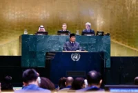 Presiden Prabowo menyampaikan pidato pada Konferensi Internasional Tingkat Tinggi untuk Penyelesaian Damai Palestina dan Implementasi Solusi Dua Negara di Gedung Majelis Umum PBB, New York, AS, Senin (22/9/2025). (Foto: BPMI Setpres)