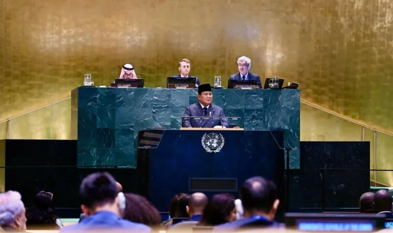 Presiden Prabowo menyampaikan pidato pada Konferensi Internasional Tingkat Tinggi untuk Penyelesaian Damai Palestina dan Implementasi Solusi Dua Negara di Gedung Majelis Umum PBB, New York, AS, Senin (22/9/2025). (Foto: BPMI Setpres)