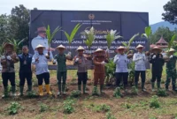 Bupati Pasaman Barat, H. Yulianto melakukan penanaman pohon kelapa serentak di Lapas Terbuka Kelas IIB Pasaman, Selasa (9/9). (Foto: Diskominfo Pasbar)
