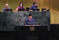 Presiden Prabowo Subianto dalam pidato perdananya di Sidang Majelis Umum ke-80 PBB pada Selasa (23/9). (Foto: Kemenlu)