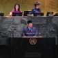 Presiden Prabowo Subianto dalam pidato perdananya di Sidang Majelis Umum ke-80 PBB pada Selasa (23/9). (Foto: Kemenlu)