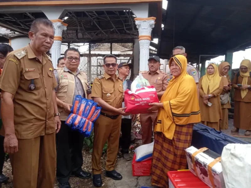 Wakil Bupati Pessel, Risnaldi Ibrahim didampingi Kalaksa BPBD Pessel menyerahkan bantuan kepada salah satu keluarga korban kebakaran. (Foto: Dok. Sus)