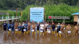 Wakil Bupati Pessel, Risnaldi Ibrahim (tengah) didampingi GM Telkom Sumbar dan Jambi, Mohamad Ikhsan, Pinca Bank Nagari Painan, Ira Angraeni, Kalaksa BPBD Pessel, Yuskardi, para kepala OPD serta tamu undangan lainnya saat melakukan penanaman mangrove. (Foto: Dok. Yoniks)