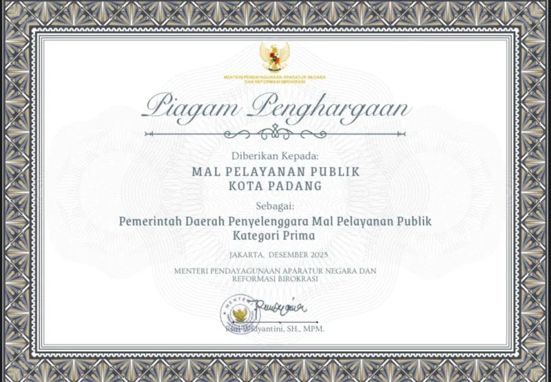 Mal Pelayanan Publik (MPP) Padang meraih predikat Prima dalam evaluasi nasional penyelenggaraan MPP Tahun 2025. (Foto: Prokopim Padang)
