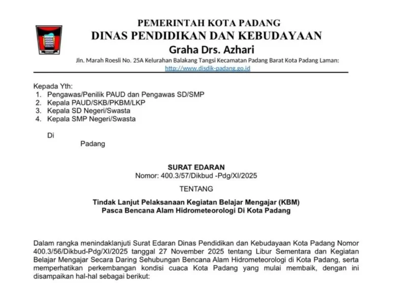 Sekolah di Padang kembali melaksanakan kegiatan belajar mengajar (KBM) tatap muka mulai Senin (1/12/2025).