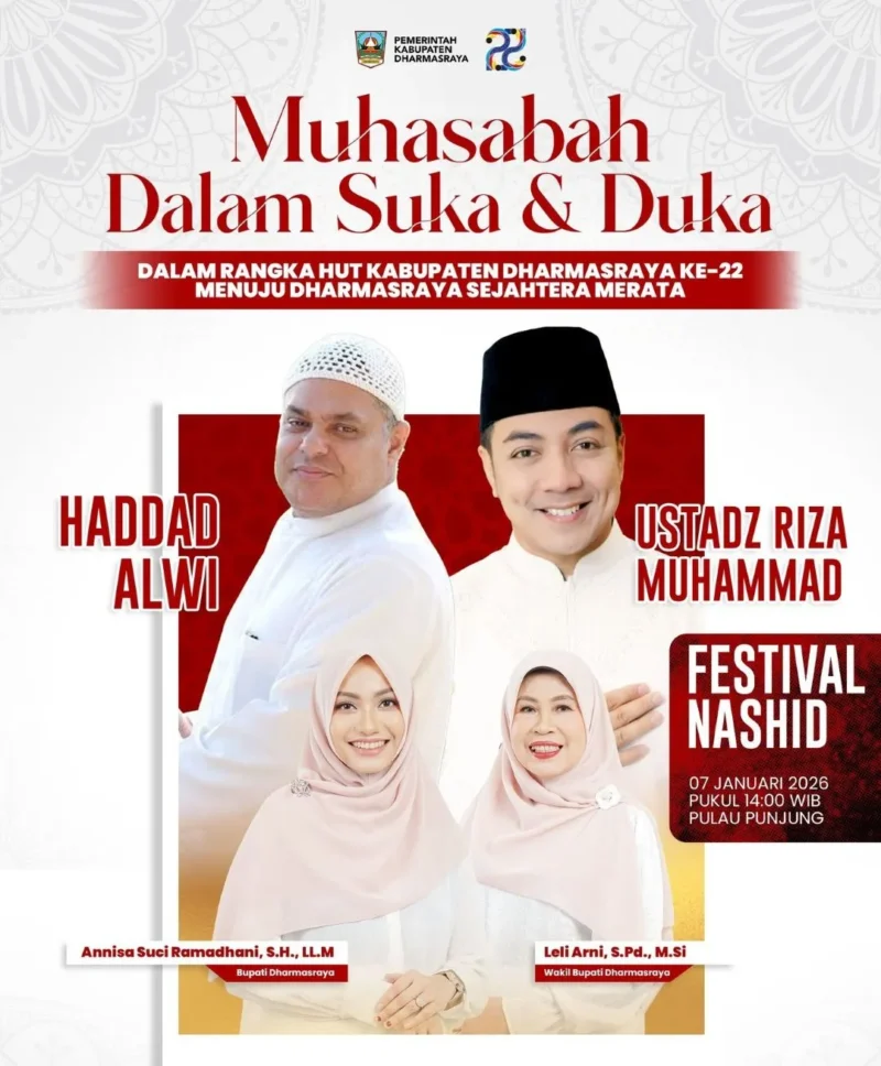 Pemkab Dharmasraya akan menggelar Muhasabah HUT ke-22 Dharmasraya dengan menghadirkan Haddad Alwi dan Ustadz Riza Muhammad, Rabu (7/1/2026). (Foto: Pemkab Dharmasraya)