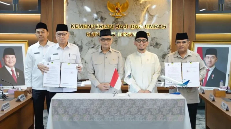 Penandatanganan PKS penerbangan haji bersama PT Garuda Indonesia di Gedung Kemenhaj Jakarta, Rabu (17/12/2025). (Foto: Kemenhaj)