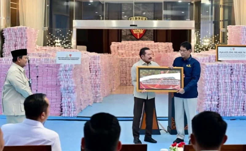 Presiden Prabowo Subianto menyaksikan penyerahan laporan capaian hasil Satgas PKH dan penyelamatan keuangan negara tahun 2025 di Gedung Utama Kompleks Kejaksaan Agung RI, Jakarta, Rabu (24/12/2025). (Foto: BPMI Setpres)