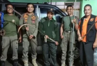 Petugas Satpol PP Padang memperlihatkan senjata tajam yang diamankan dari sekelompok remaja, Sabtu (13/12/2025) dini hari. (Foto: Humas Satpol PP Padang)