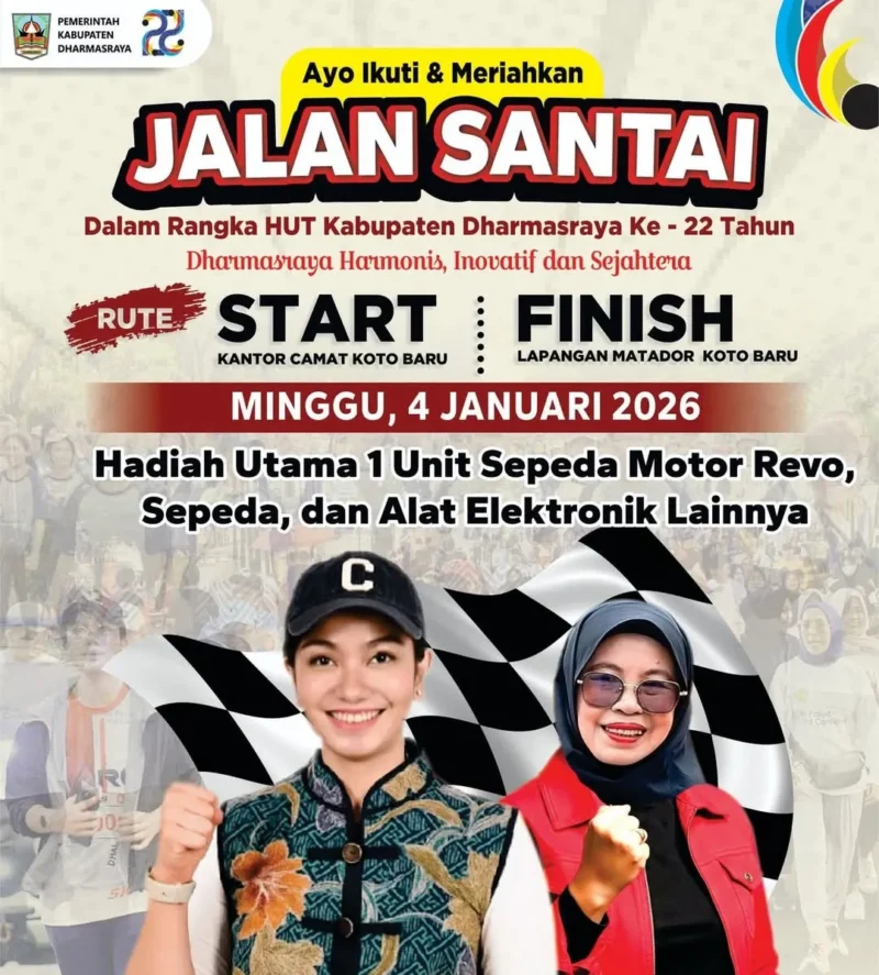 Pemkab Dharmasraya akan menggelar jalan santai dalam rangka memeriahkan HUT Kabupaten Dharmasraya ke-22 pada Minggu (4/1/2026). (Foto: Pemkab Dharmasraya)