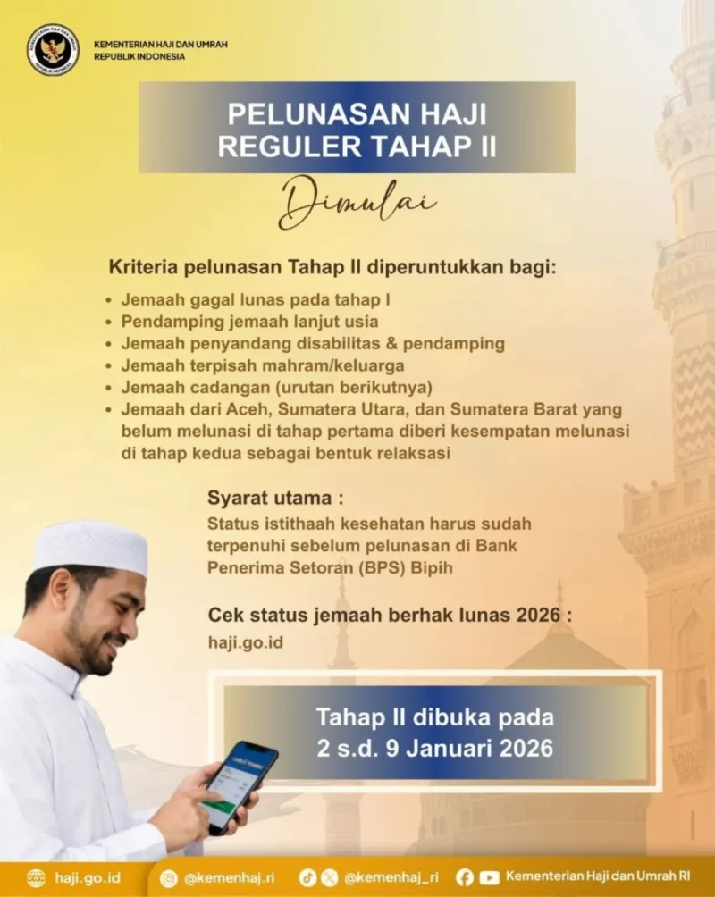 Pelunasan Bipih Tahap II resmi dibuka Kemenhaj mulai 2 Januari 2026. (Foto: Kemenhaj)