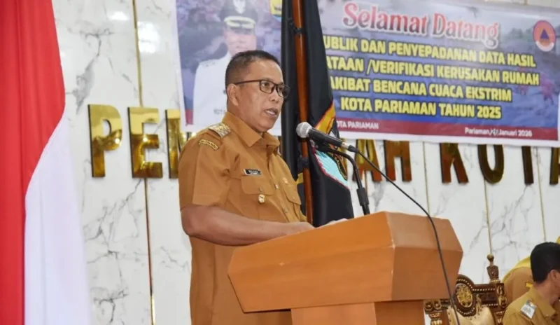 Wakil Wali Kota Pariaman Mulyadi membuka uji publik dan penyepadanan data kerusakan rumah akibat bencana cuaca ekstrem di Kota Pariaman Tahun 2025, Senin (26/1/2026). (Foto: Kominfo Kota Pariaman)